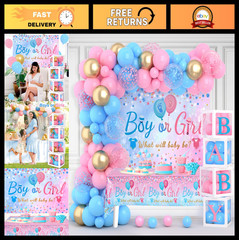Baby Gender Reveal Decorations – Pink Blue Balloon Arch, 4 Balloon Boxes, Backdr