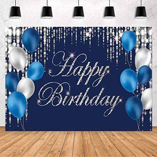 Navy Bluey and Silver Happy Birthday Backdrop Banner 7x5ft Navy Blue and Silver