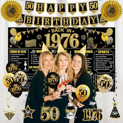 50Th Birthday Decorations Kit for Men Women, Black Gold 24PCS Back in 1976 Banne
