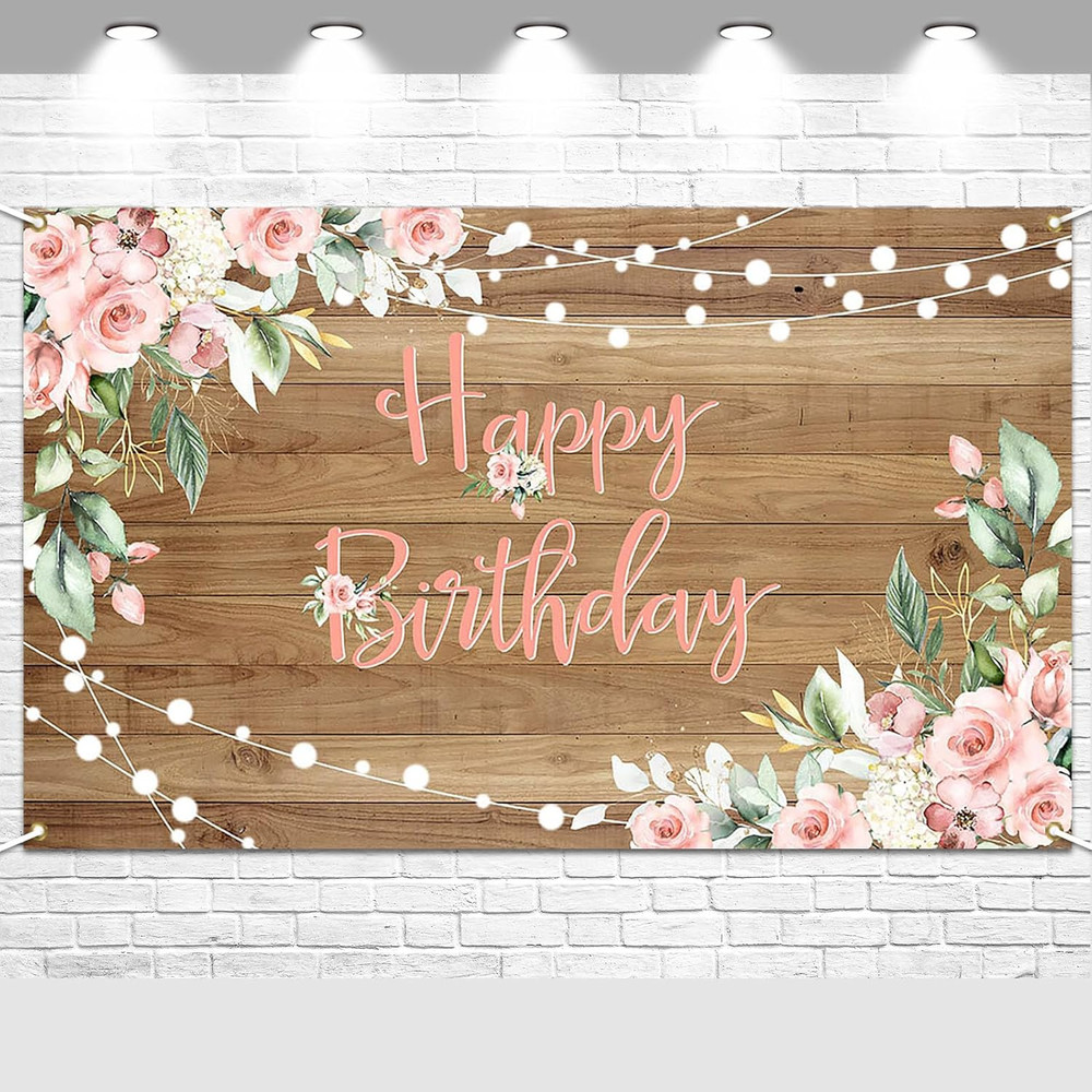 Rustic Wood Birthday Banner Happy Birthday Party Decorations Pink Floral Girls W