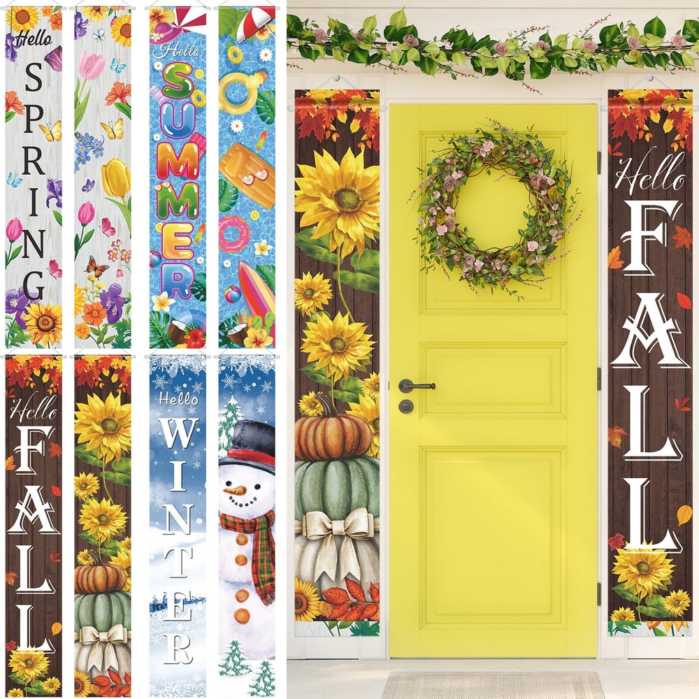 8 Pcs Seasonal Door Banner Hello Winter Christmas Banner Spring Summer Fall W…