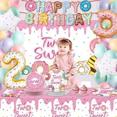 143Pcs Two Sweet Birthday Party Decorations Girls Donut tableware Set Sweet D…