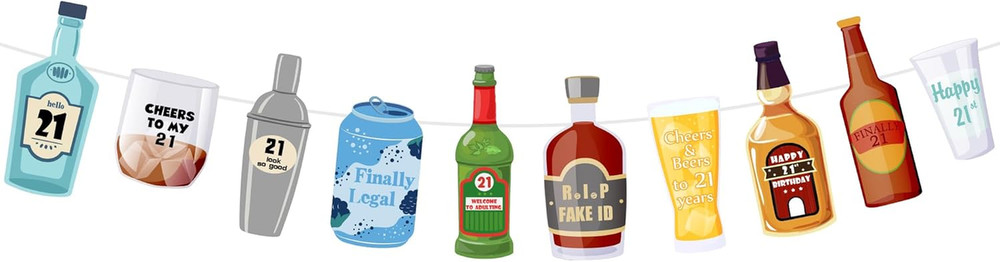 Pre-Strung Whiskey Beer Soda Bottles and Glasses Banner, Happy 21St Birthday Dec