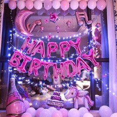 Happy Birthday Banner 13pcs 16 Inch Mylar Foil Balloon & Light string Hot Pink