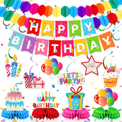 Colorful Rainbow Birthday Party Decorations Kit, Banner, Spiral Decorations, Hon