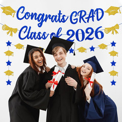 Blue and Gold Graduation Decorations Banner 2026,Glitter Blue and Gold Class of