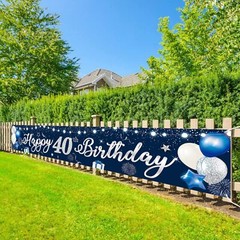Domgoge Happy 40th Birthday Decoration Banner Large Blue and Silver Happy 40
