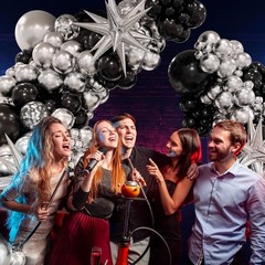 Black and Silver Balloons Garland Arch Kit with 3Pcs Star Balloon, Metallic Sliv