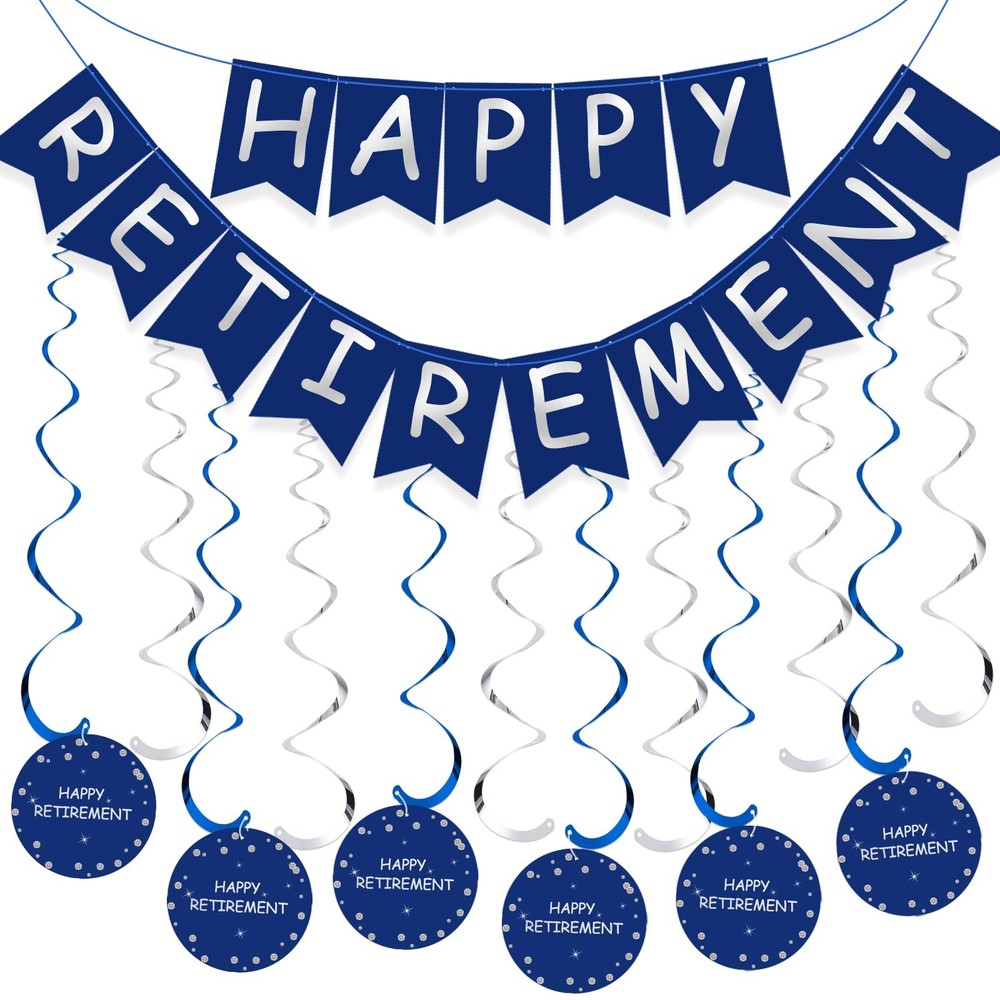 Retirement Party Decorations Blue Silver Happy Retirement Banner Swirls Kit