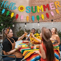 Glitter Hello Summer Banner with Sunflower Signs and Colorful Glittery Popsic…