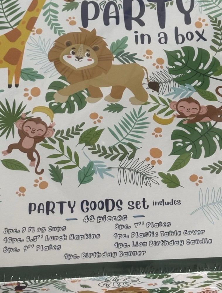 Party in a Box Jungle Safari Birthday Party Goods Set 43 Pieces NEW Sealed