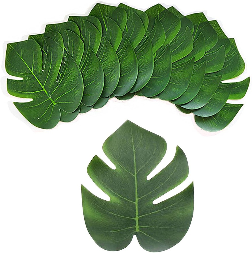 24 GREEN LEAVES ARTIFICIAL HAWAIIAN PALM TREE LEAVES TROPICAL PARTY TABLE DECOR