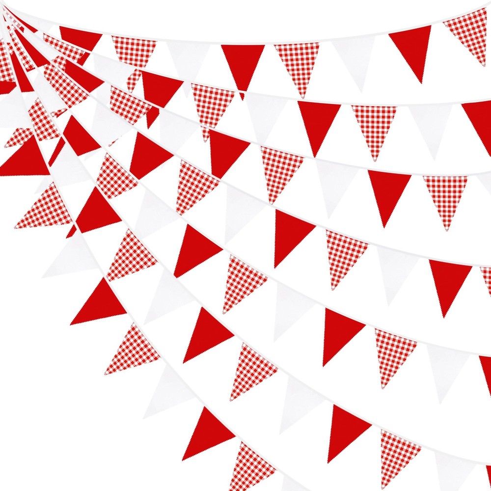 32Ft Red Party Decorations Red Plaid Checkered White Triangle Flag Gingham Pe…