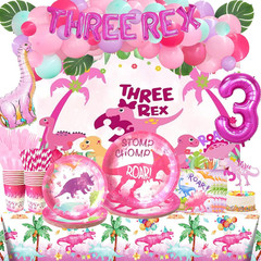 204 Pcs Three Rex Birthday Party Decorations Girl, Dinosaur 3Rd Birthday Party