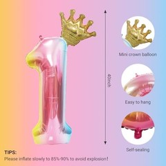 40 Inch Rainbow Balloon with Crown- Giant Gradient Foil Balloon for Number 1