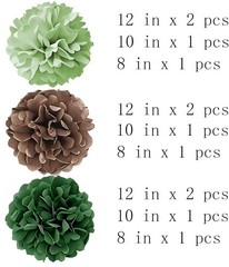 Green Brown Tissue Paper Pompoms Flower Ball Birthday Bridal Shower 12 PCS
