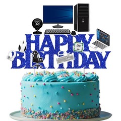 Blue Happy Birthday Computer Intelligence Theme Cake Topper Decoration