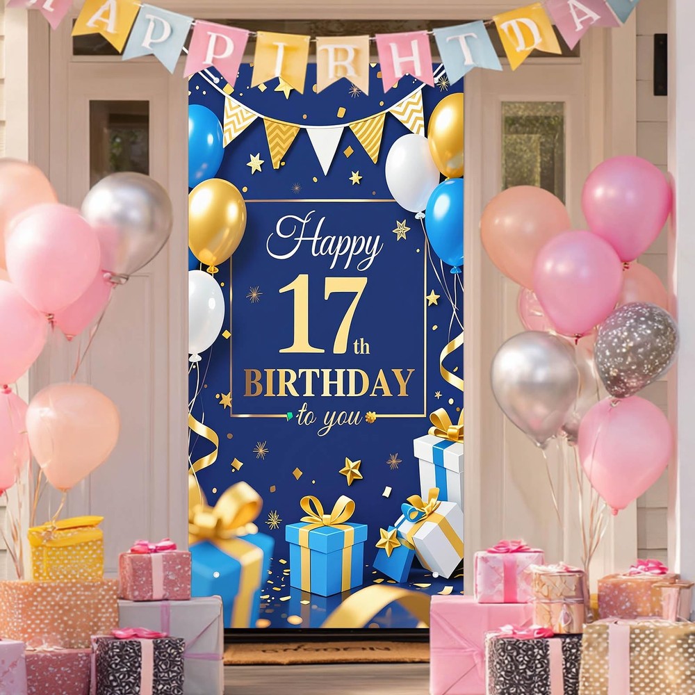 Happy 17th Door Cover Blue Gold Stars Balloons Confetti Gifts 71×35 Inch for …