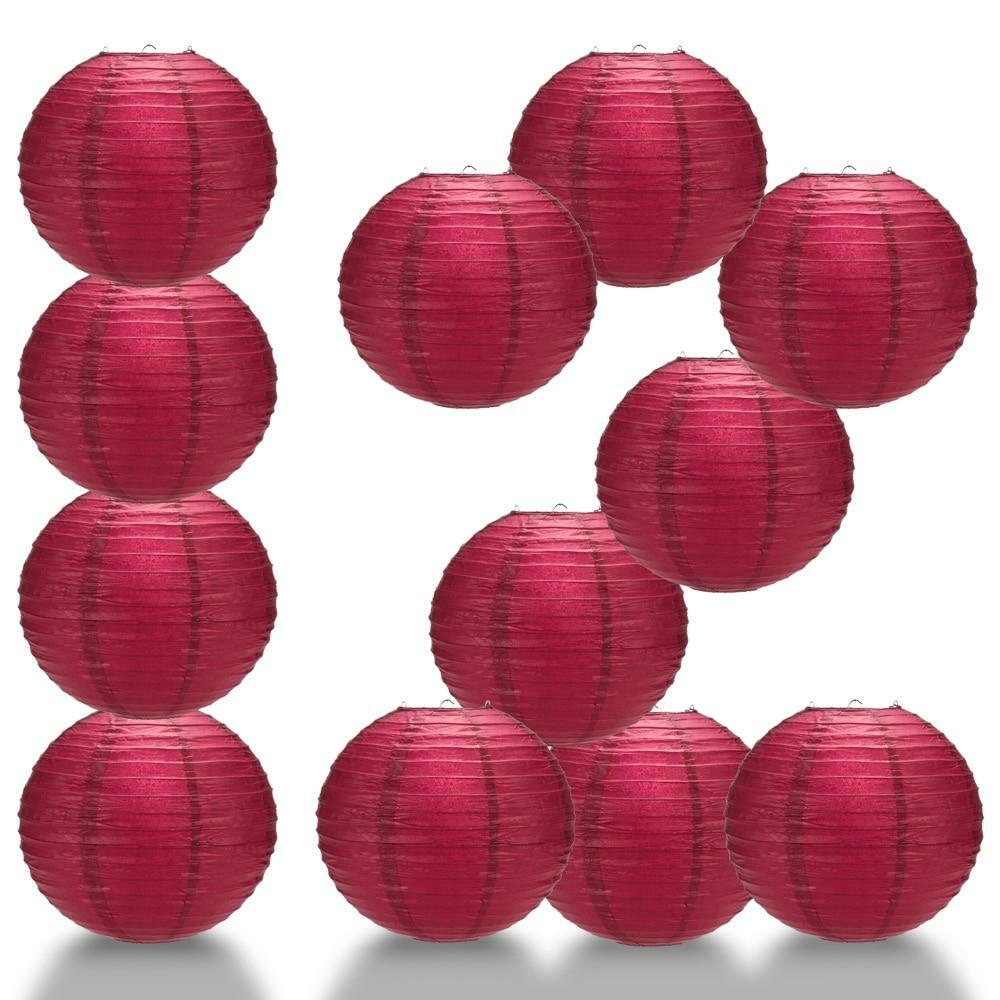 BULK PACK (12) 16″ Velvet Rose Red Round Paper Lantern, Even Ribbing, Hanging De