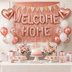 Rose Gold Welcome Home Decorations – Balloon Banner, Heart Foil Balloons & Fring
