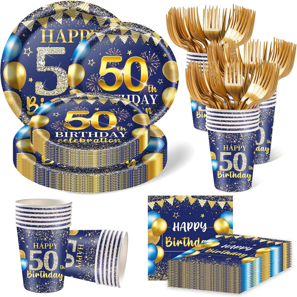 250PCS 50Th Birthday Party Decorations for 50 Guests Blue and Gold Party Supplie