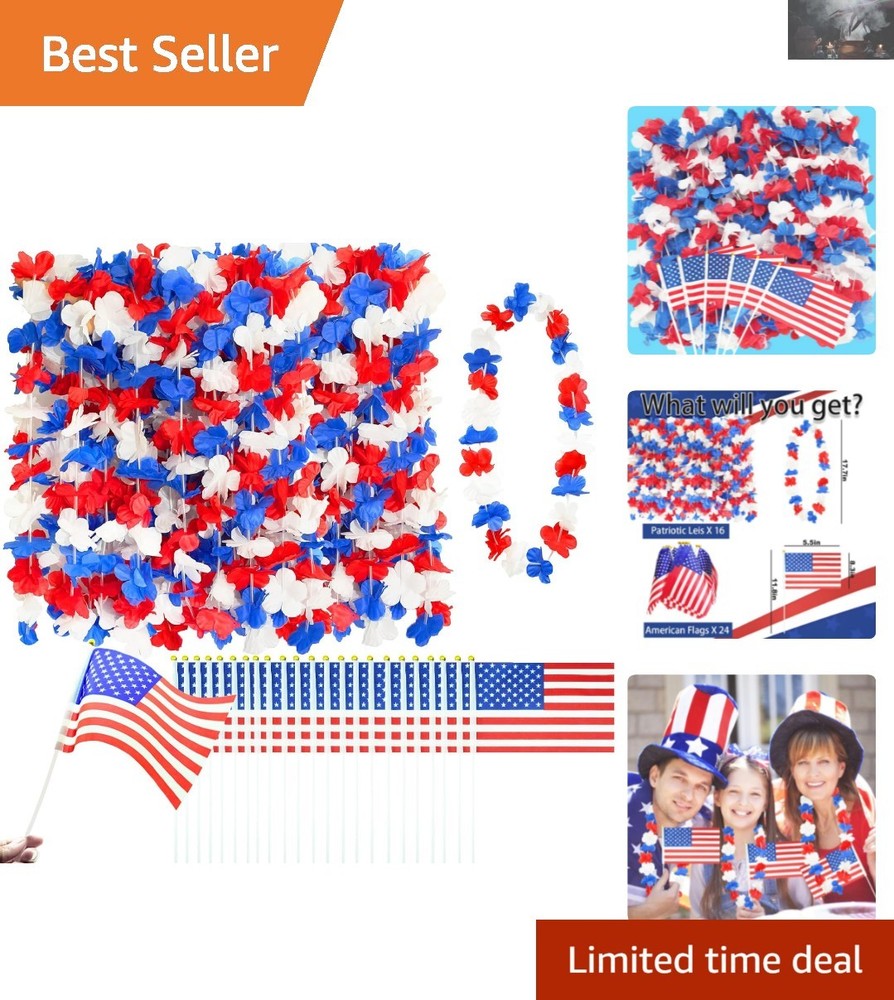 40 PCS Red White and Blue Flower Leis & Flags – Perfect 4th of July Favors