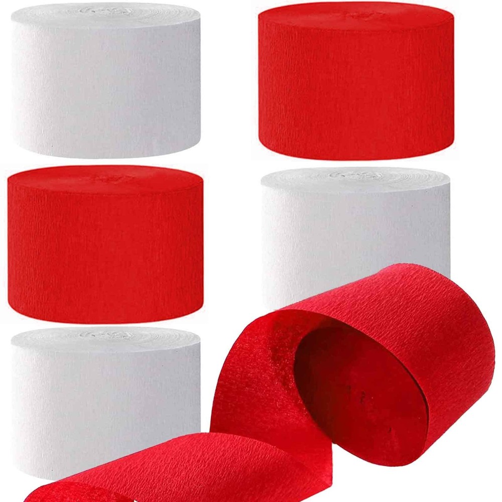 6 Rolls White Red Crepe Paper Party Streamers 1.8 Inch 82 Feet Per Roll
