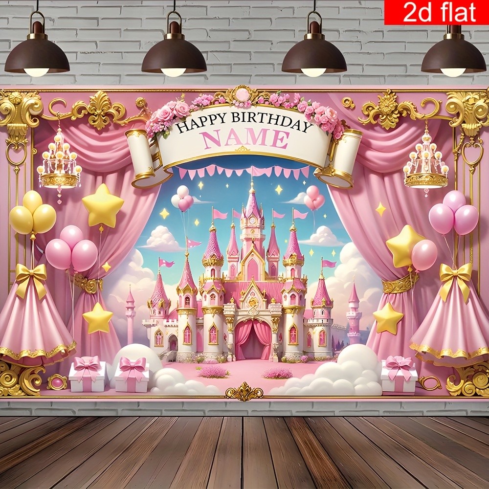 2D Flat Banner Customizable Name Age Princess Birthday Party Banner Backdrop ◐