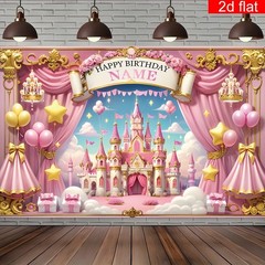 2D Flat Banner Customizable Name Age Princess Birthday Party Banner Backdrop ◐