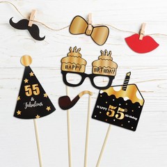 Happy 55th Birthday Party Photo Booth Props Cheers 36 PCS Gold Letter Print