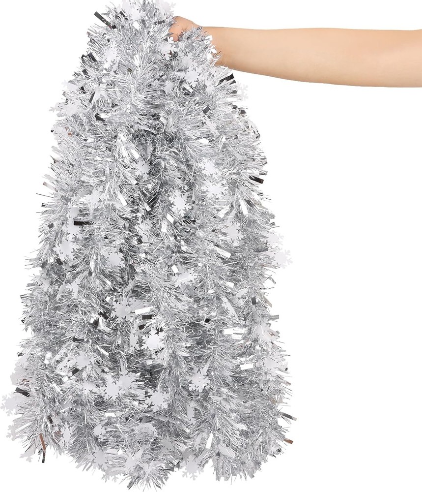 33 Feet Christmas Tinsel Garland, Metallic Silver Christmas Snowflake Hanging