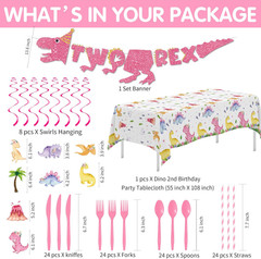 Dinosaur 2Nd Birthday Party Supplies for Girls, Pink Dino Theme Two Rex Birthday