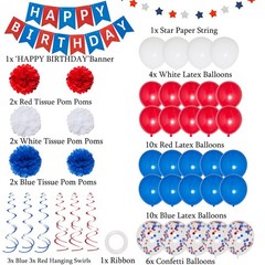 Blue White and Red Birthday Decorations, Patriotic Party Silver,white