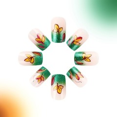 French Tip Press on Nails Square False Nails with Maple Leaf Artificial Nail