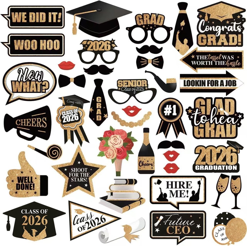 41 PCS Black 2026 Graduation Party Photo Booth Props Class of 2026 Supplies