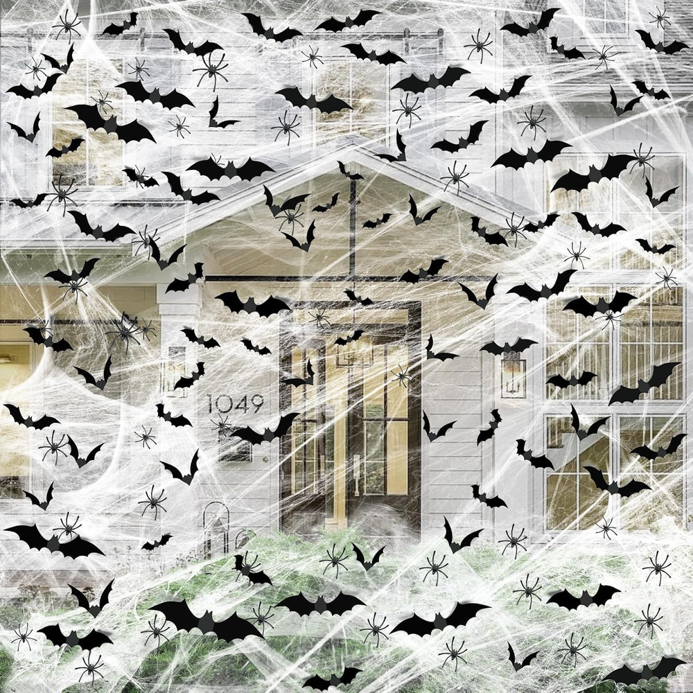 1200 Sqft Halloween Spider Webs and 120Pcs Fake Bats and 50Pcs Fake Spiders Supe
