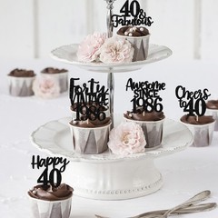 Rsstarxi 24 Pack Vintage 1986 Cupcake Toppers Black Glitter Happy 40th Birthd…