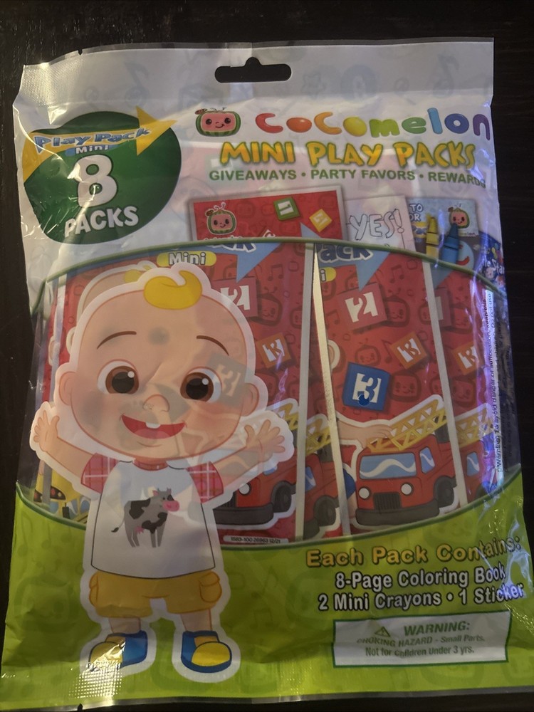 8 Pack CoComelon Mini Play Packs -Coloring Book, Crayons, Stickers- Party Favors