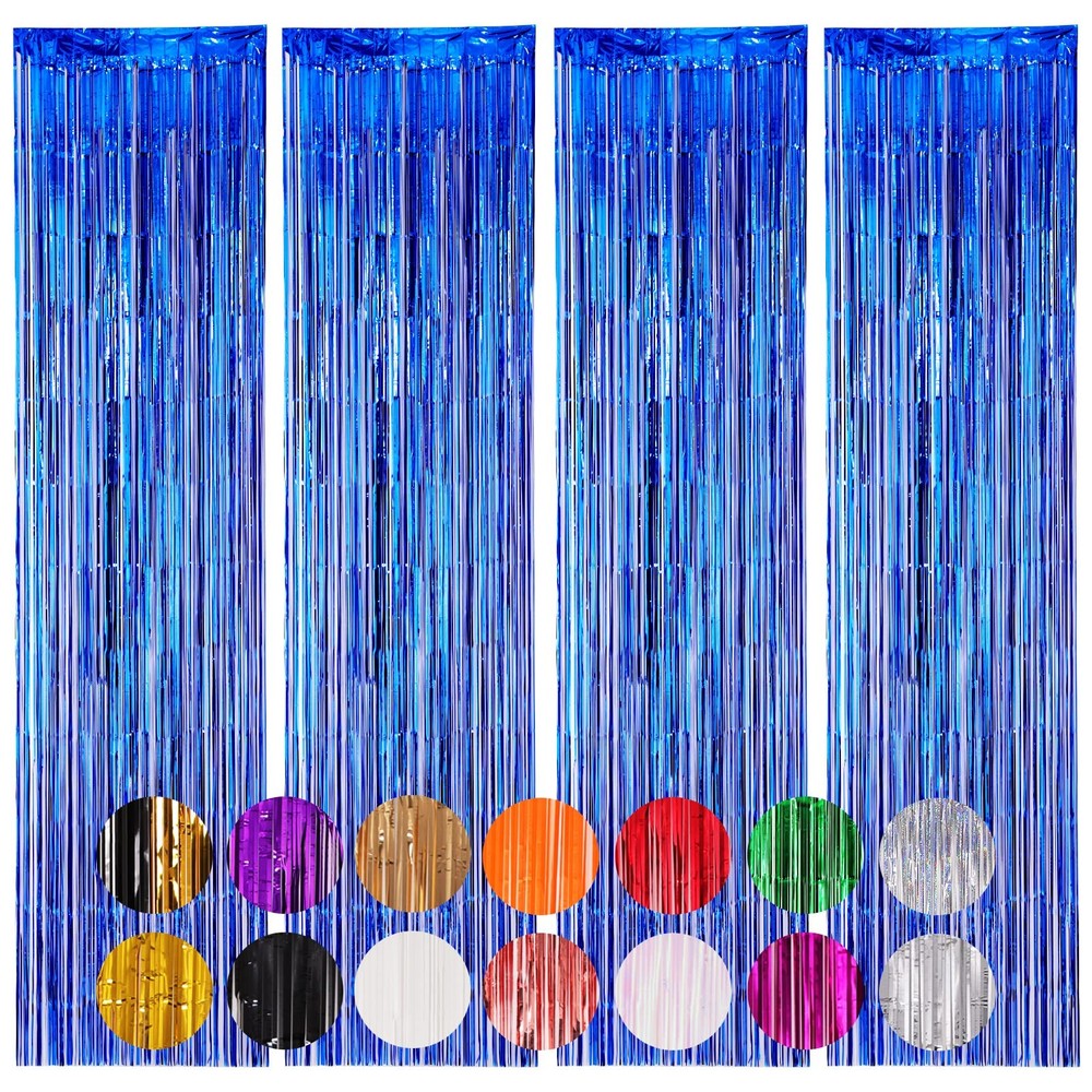 4 PCS Blue Foil Fringe Backdrop Curtains Tinsel Streamers Birthday Party Decor