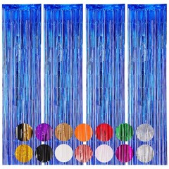 4 PCS Blue Foil Fringe Backdrop Curtains Tinsel Streamers Birthday Party Decor