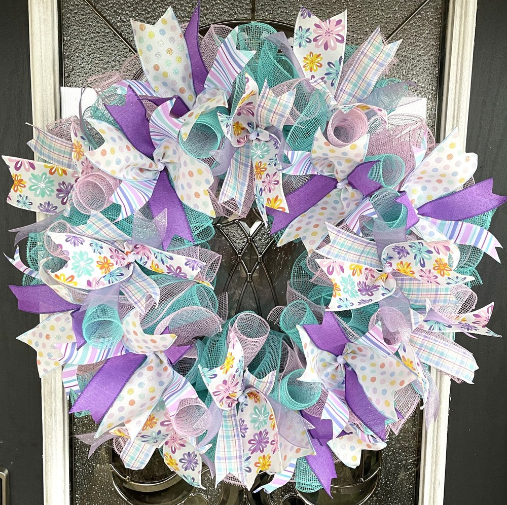 Spring or Girls Birthday or Bedroom Front Door Deco Mesh Wreath Bright Cheerful
