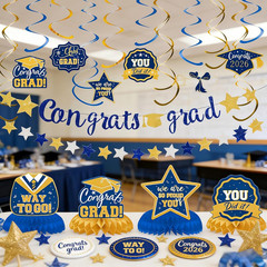 Graduation Party Decorations 2026, Blue and Gold Glitter Congrats Grad Pre-Strun