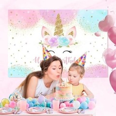 Unicorn Backdrop 8x6ft Pastel Rainbow Glitter Stars Dots Happy Birthday Banner