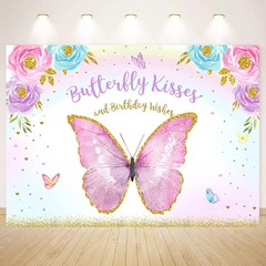 Butterfly Happy Birthday Backdrop, Butterfly Kisses and Birthday Wishes, 5 x 3ft