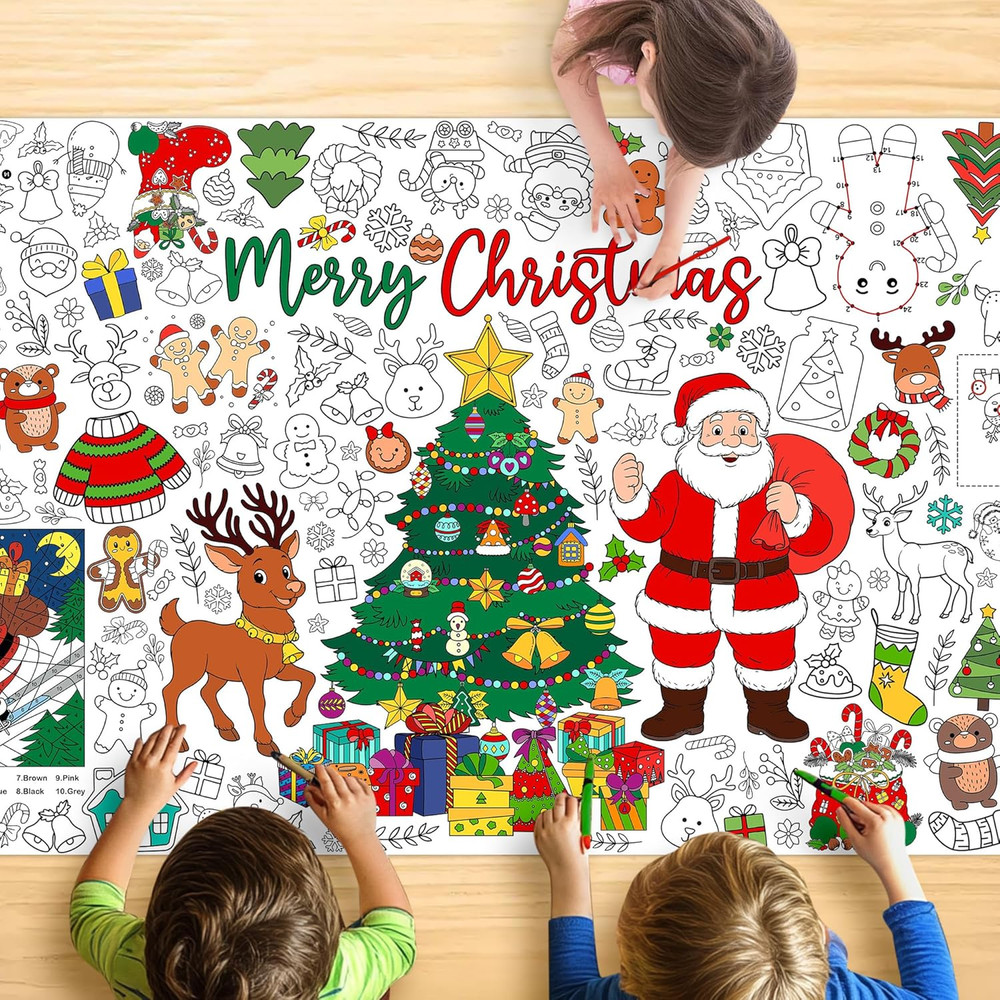 Christmas Giant Coloring Tablecloth, Large 30×72 Inch Poster with Santa, Christm