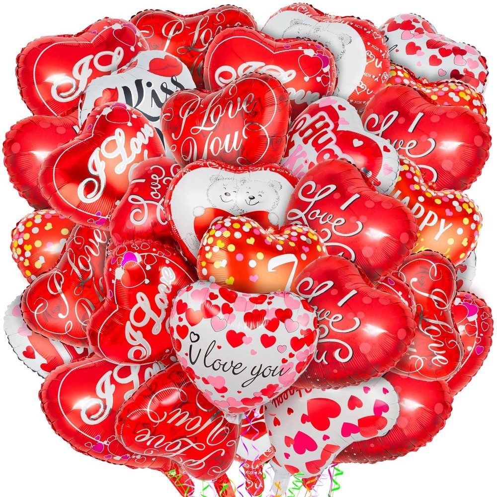 36 Pieces Red Heart Balloons, Happy Valentines Day I Love You Foil Mylar Ball…