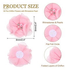 30Pcs 2″ Chiffon Flowers with Rhinestone Pearl Sewing Fabric Flowers, Pink