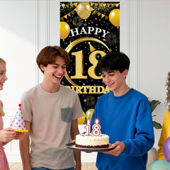 18Th Birthday Decorations Door Banner – 1 Pcs Glitter Gold Black Happy 18Th Birt