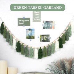 Green Boho Yarn Tassel Garland Sage Green Garland Wall Hanging Decor Forest W…