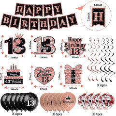 13Th Birthday Decorations for Girls,51Pcs PRE-STRUNG Rose Gold Black Party Set-1